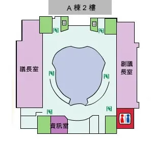 基隆市議會A棟2樓配置，包含議長室、副議長室、資訊室、逃生通道、電梯與樓梯、廁所。