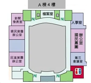 基隆市議會A棟4樓配置，包含民進黨團辦公室、親民黨團辦公室、國民黨團辦公室、新聞發表室、第三會議室、檔案室、逃生通道、電梯與樓梯、廁所。